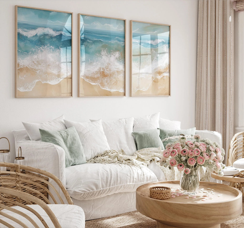 Coastal ocean wave triptych wall art set – abstract blue beige seascape decor