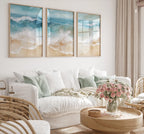 Coastal ocean wave triptych wall art set – abstract blue beige seascape decor