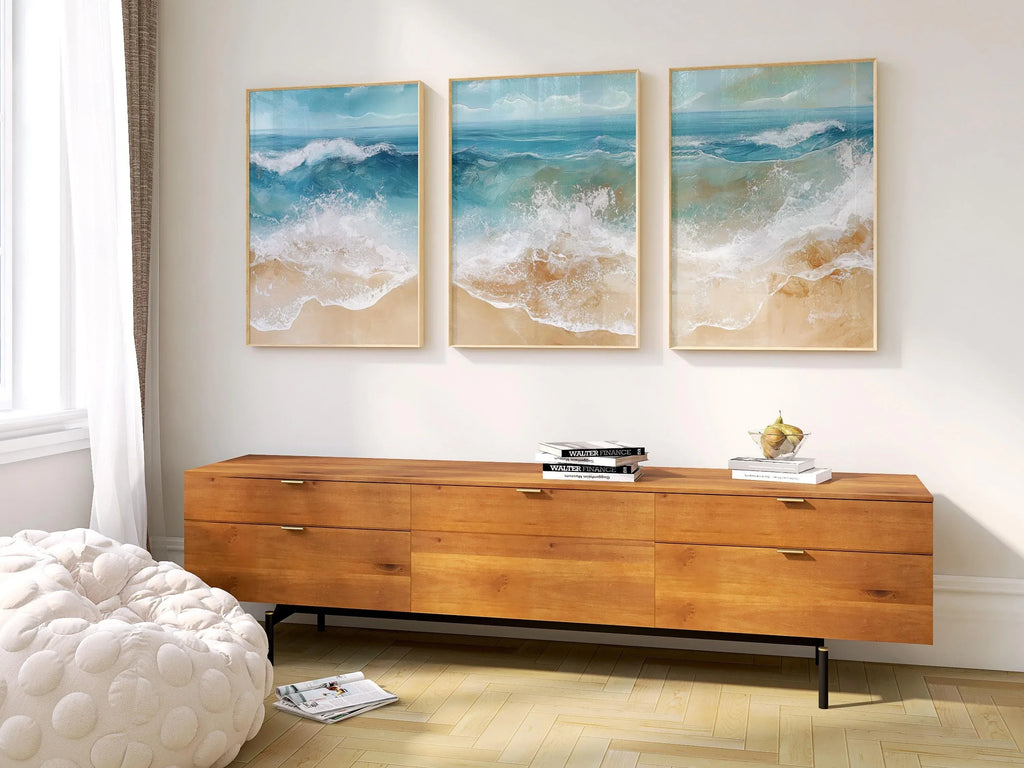 Coastal ocean wave triptych wall art set – abstract blue beige seascape decor