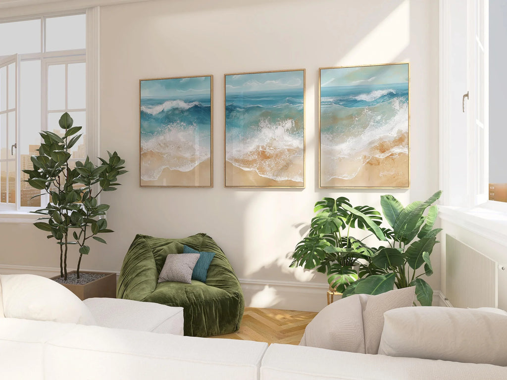 Coastal ocean wave triptych wall art set – abstract blue beige seascape decor