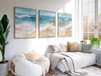 Coastal ocean wave triptych wall art set – abstract blue beige seascape decor