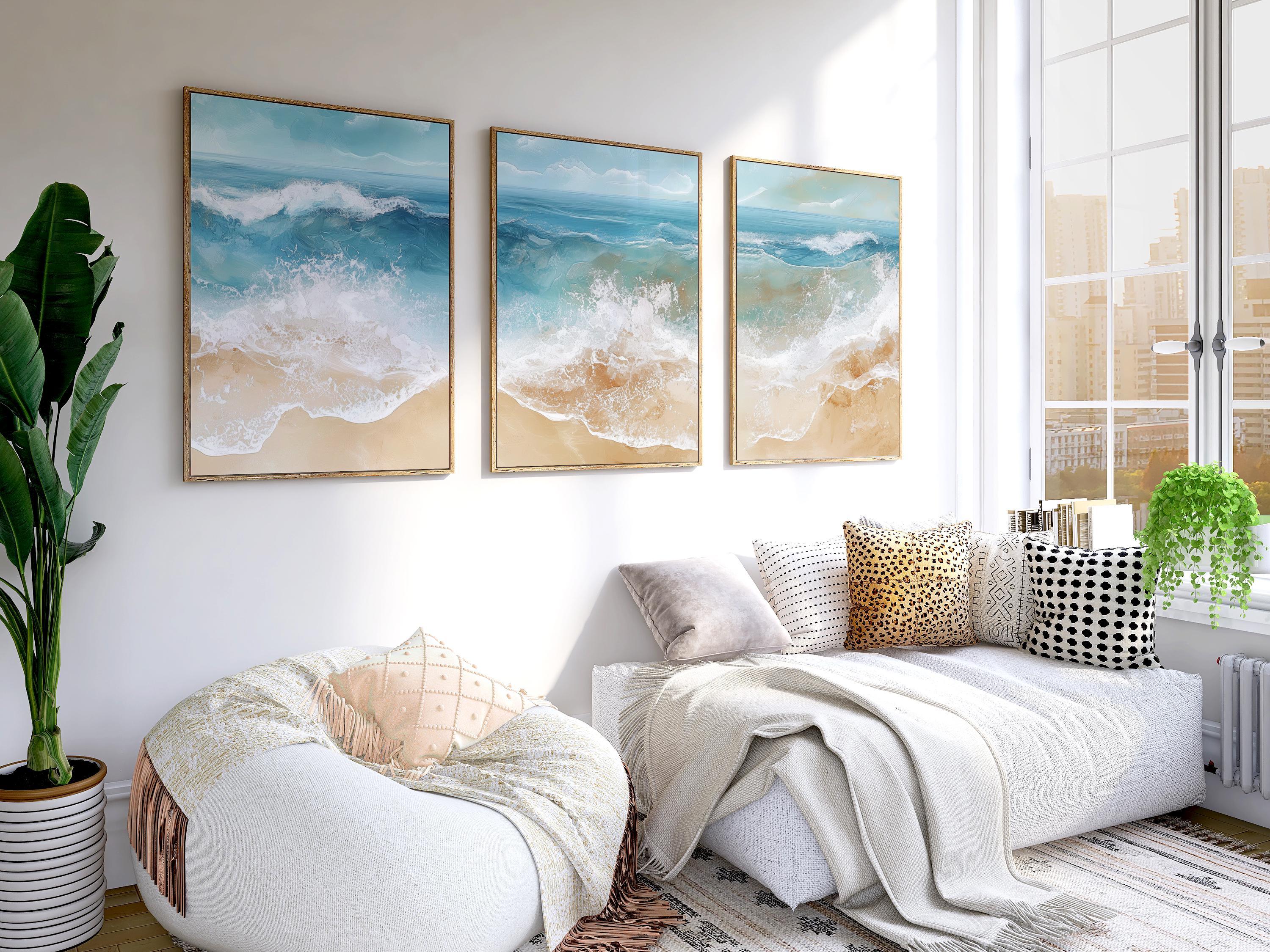 Coastal ocean wave triptych wall art set – abstract blue beige seascape decor