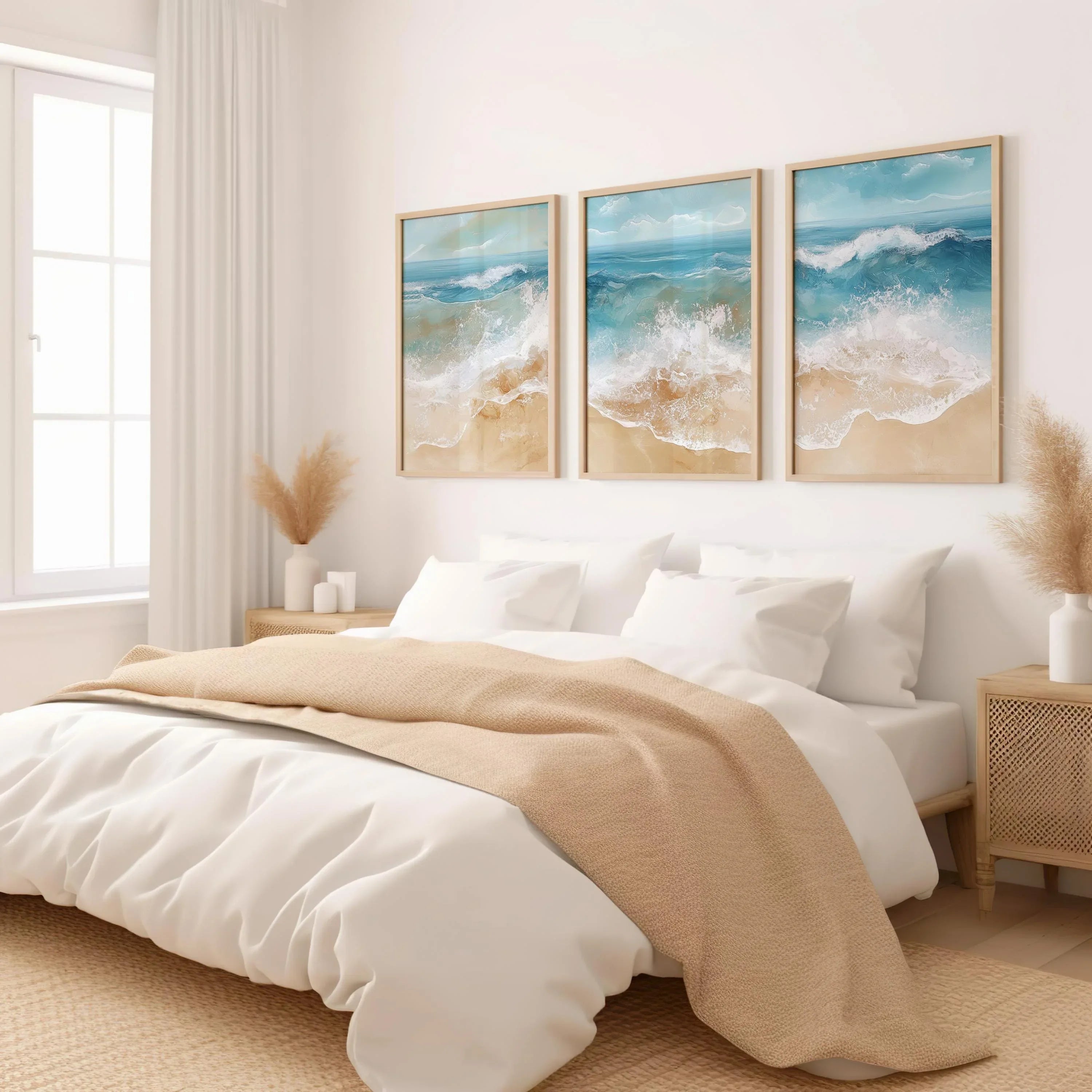 Coastal ocean wave triptych wall art set – abstract blue beige seascape decor