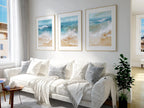 Coastal ocean wave triptych wall art set – abstract blue beige seascape decor