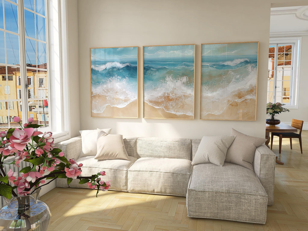 Coastal ocean wave triptych wall art set – abstract blue beige seascape decor