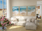 Coastal ocean wave triptych wall art set – abstract blue beige seascape decor