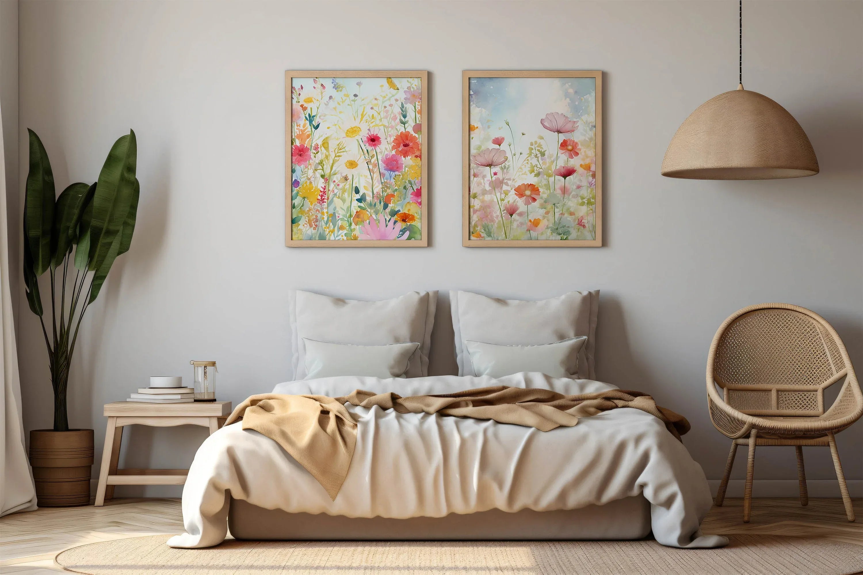 Colorful wildflower wall art set of 2 – bright botanical flower watercolours