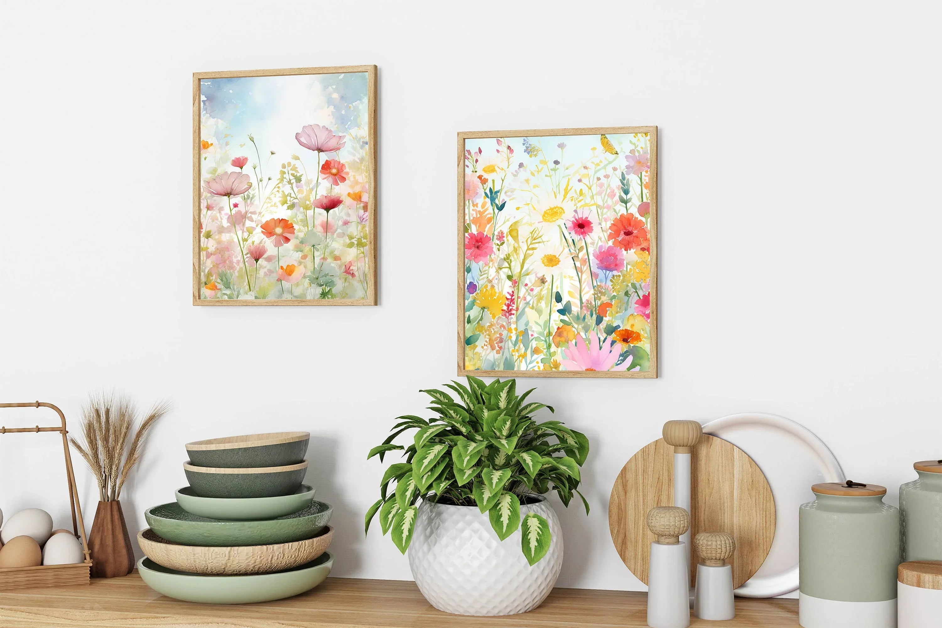 Colorful wildflower wall art set of 2 – bright botanical flower watercolours