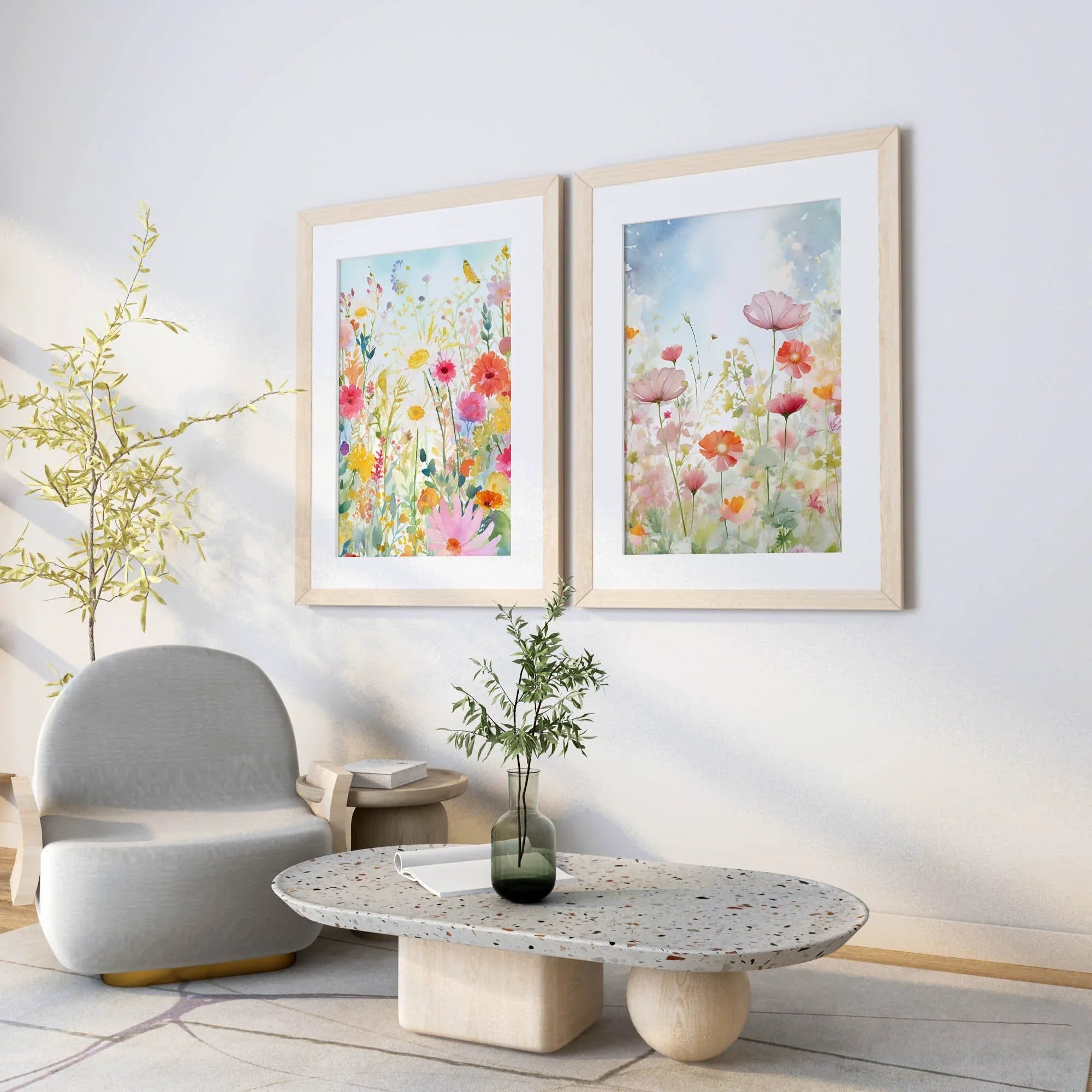 Colorful wildflower wall art set of 2 – bright botanical flower watercolours