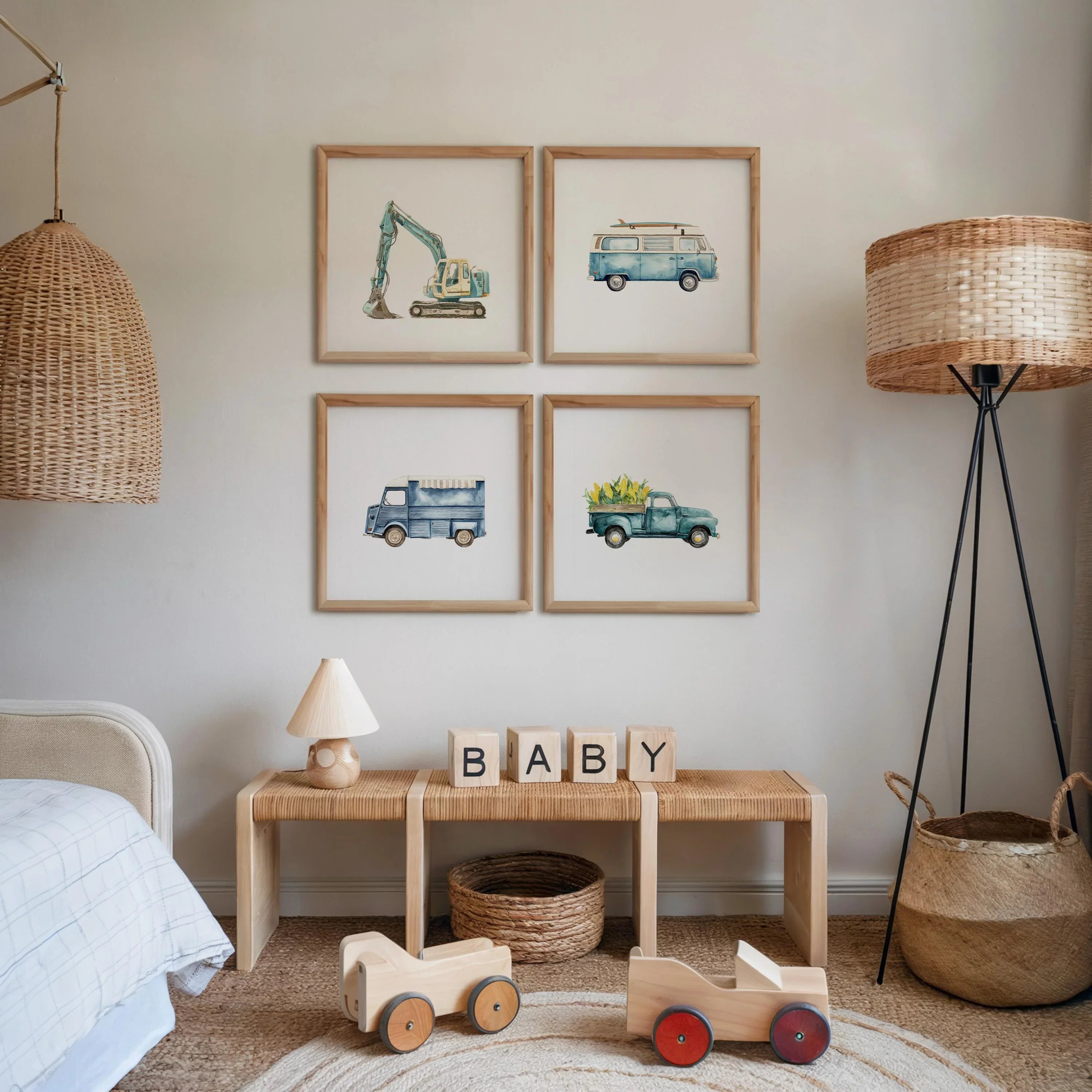 Construction transport nursery wall art set of 4 – watercolour vehicle decor