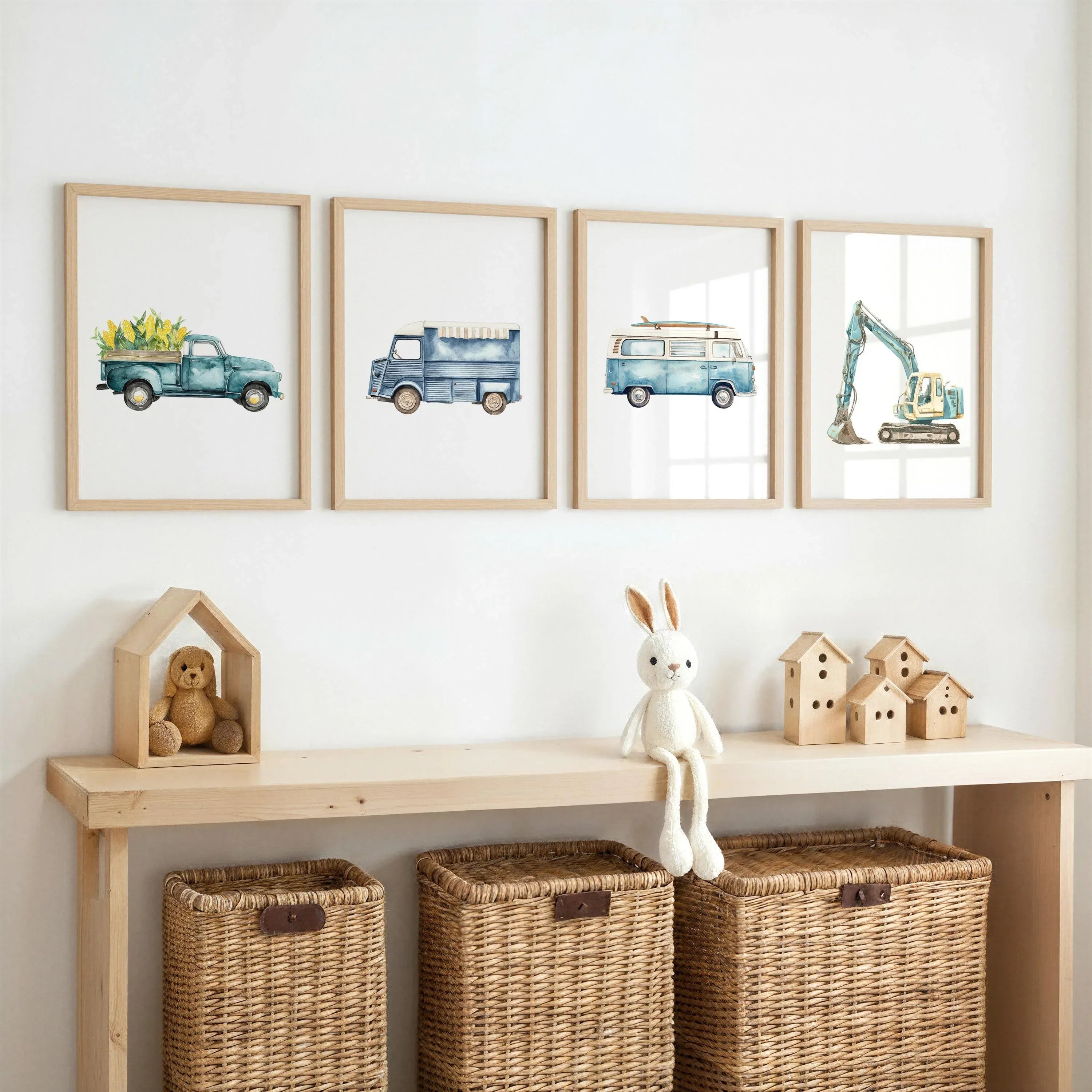 Construction transport nursery wall art set of 4 – watercolour vehicle decor