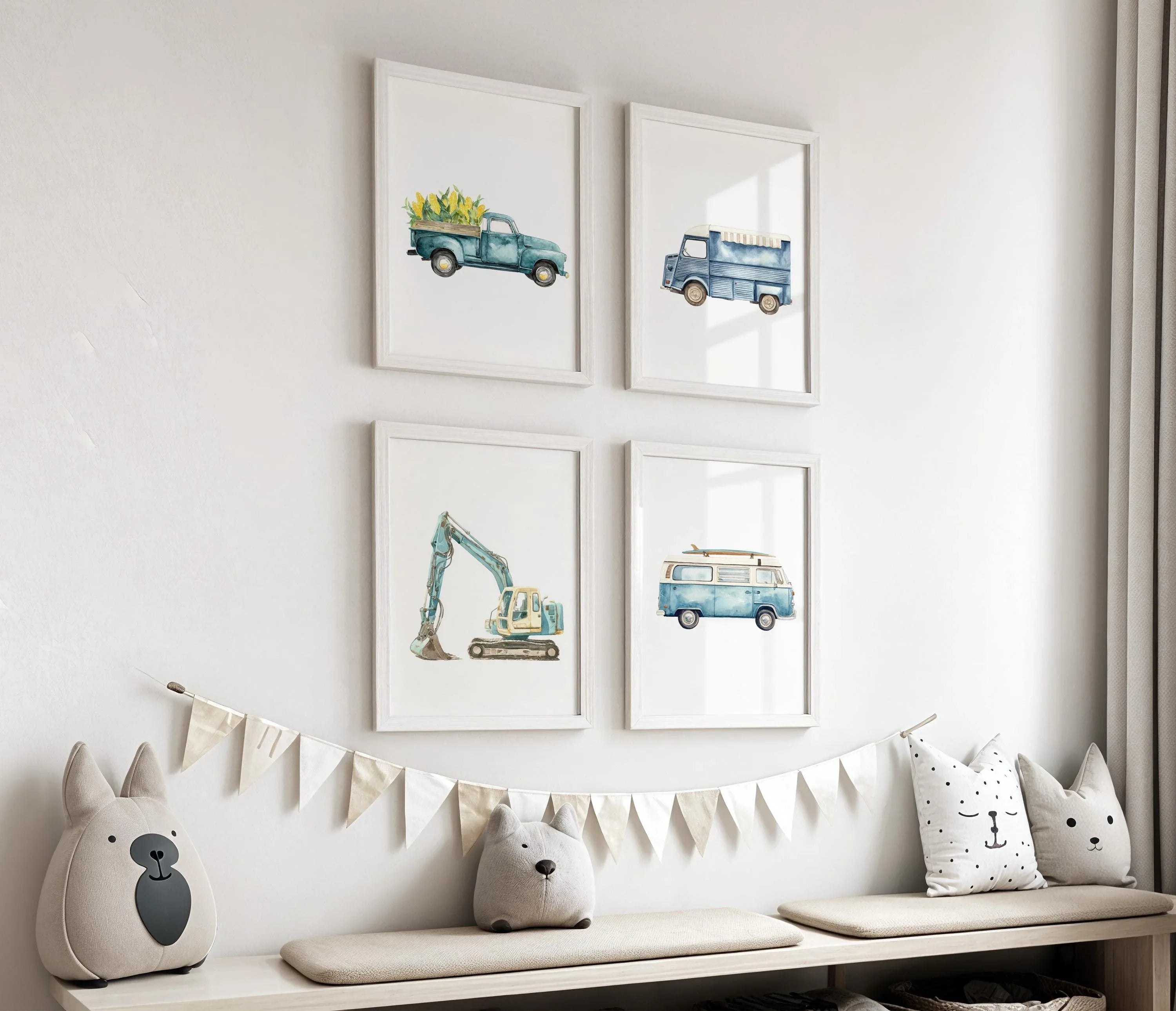 Construction transport nursery wall art set of 4 – watercolour vehicle decor