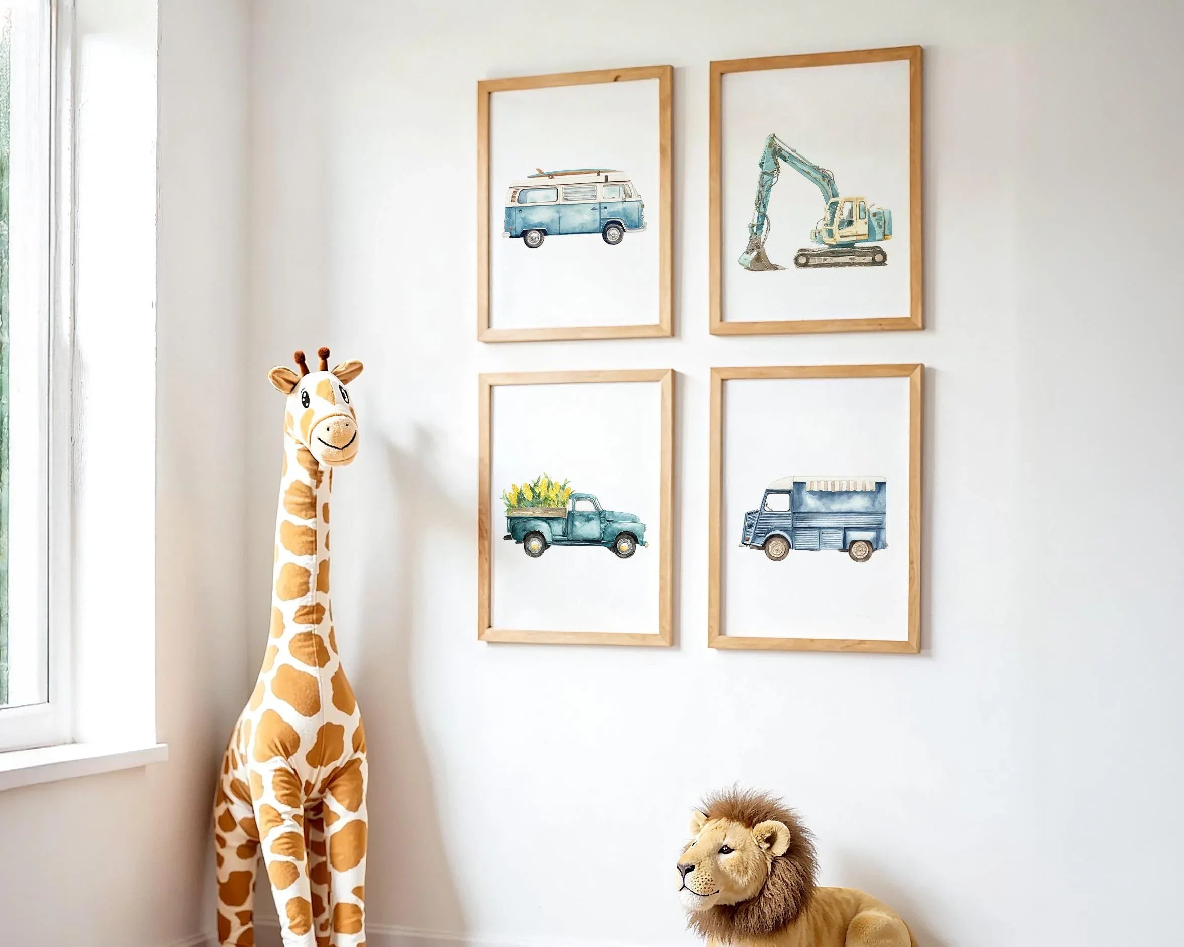 Construction transport nursery wall art set of 4 – watercolour vehicle decor