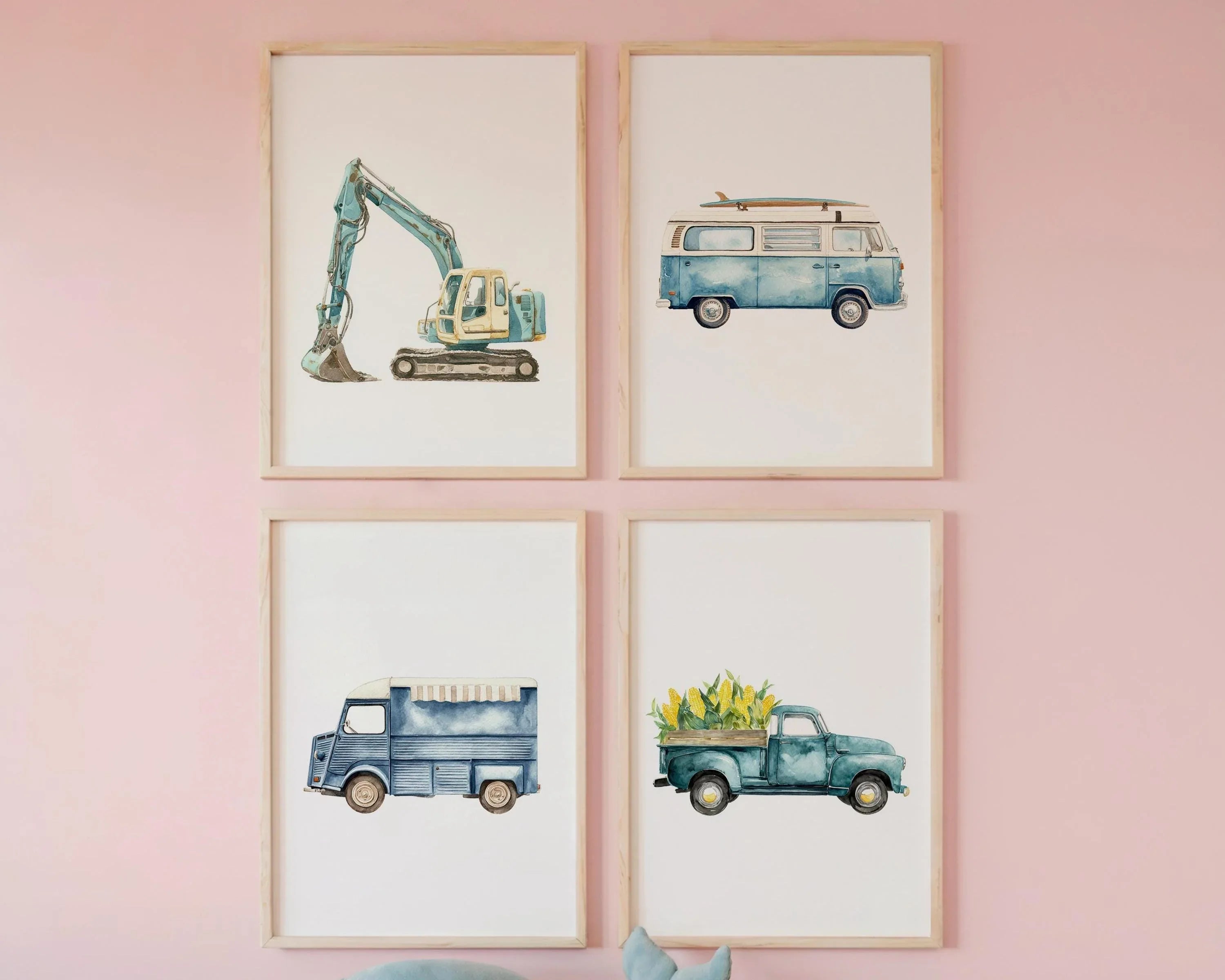 Construction transport nursery wall art set of 4 – watercolour vehicle decor