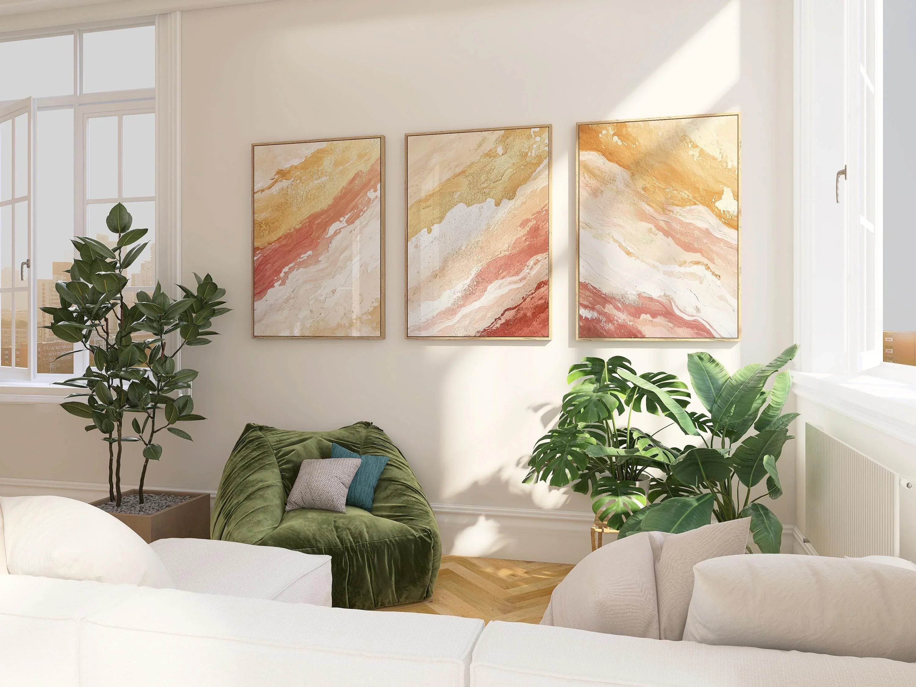 Coral and gold abstract triptych wall art set – warm textured organic decor