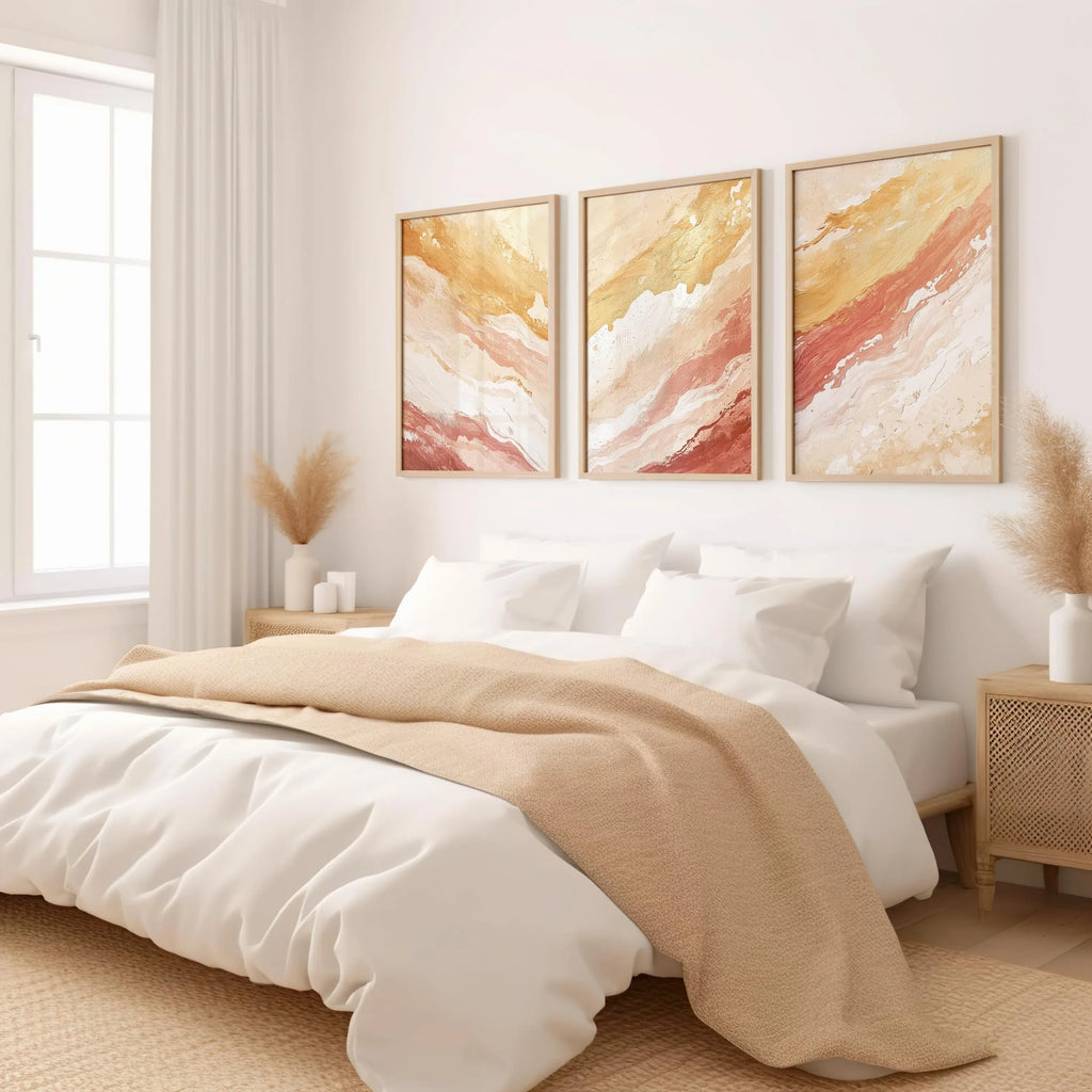 Coral and gold abstract triptych wall art set – warm textured organic decor