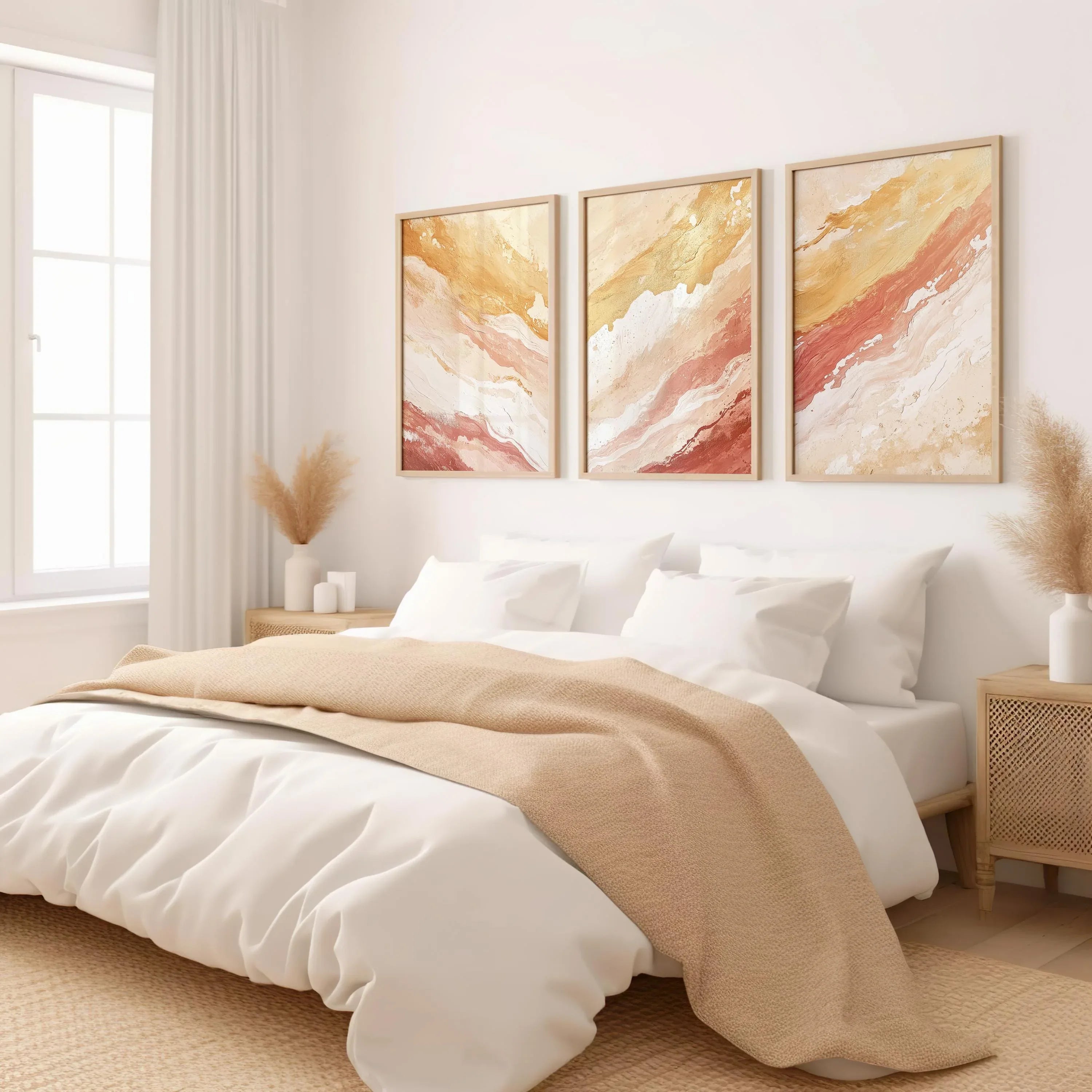 Coral and gold abstract triptych wall art set – warm textured organic decor