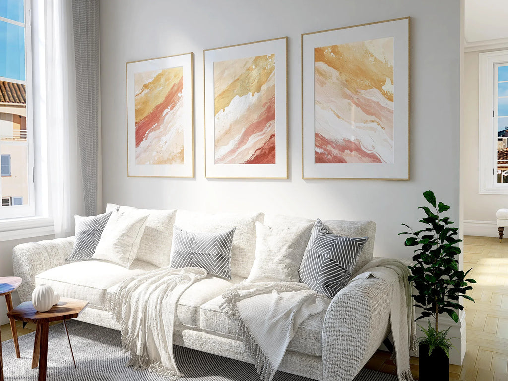 Coral and gold abstract triptych wall art set – warm textured organic decor