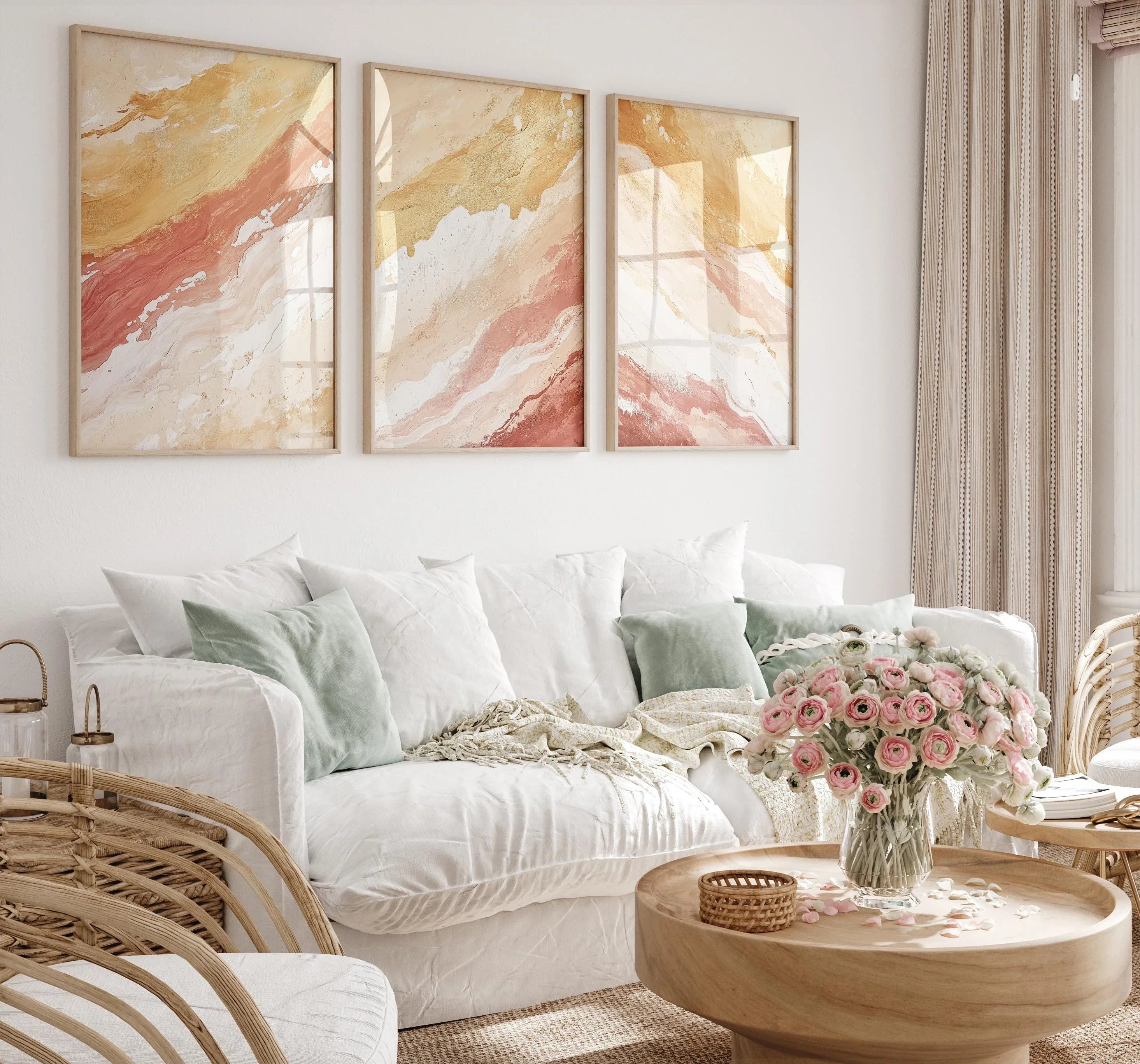 Coral and gold abstract triptych wall art set – warm textured organic decor