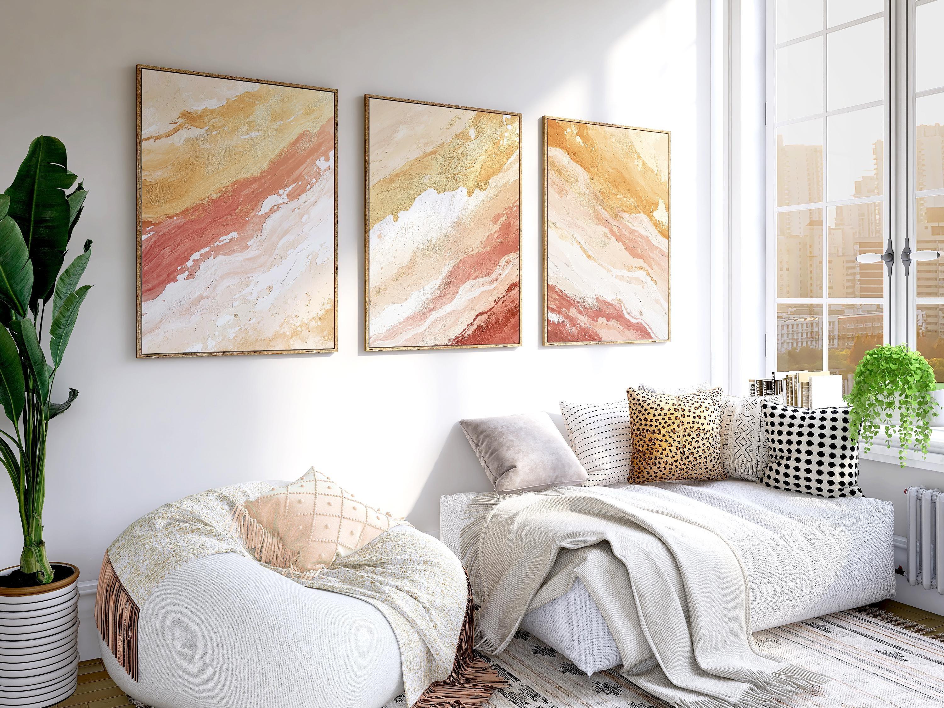 Coral and gold abstract triptych wall art set – warm textured organic decor