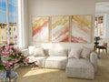 Coral and gold abstract triptych wall art set – warm textured organic decor