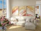 Coral and gold abstract triptych wall art set – warm textured organic decor