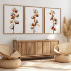 Cotton branch wall art set of 3 – beige botanical farmhouse cotton blossom