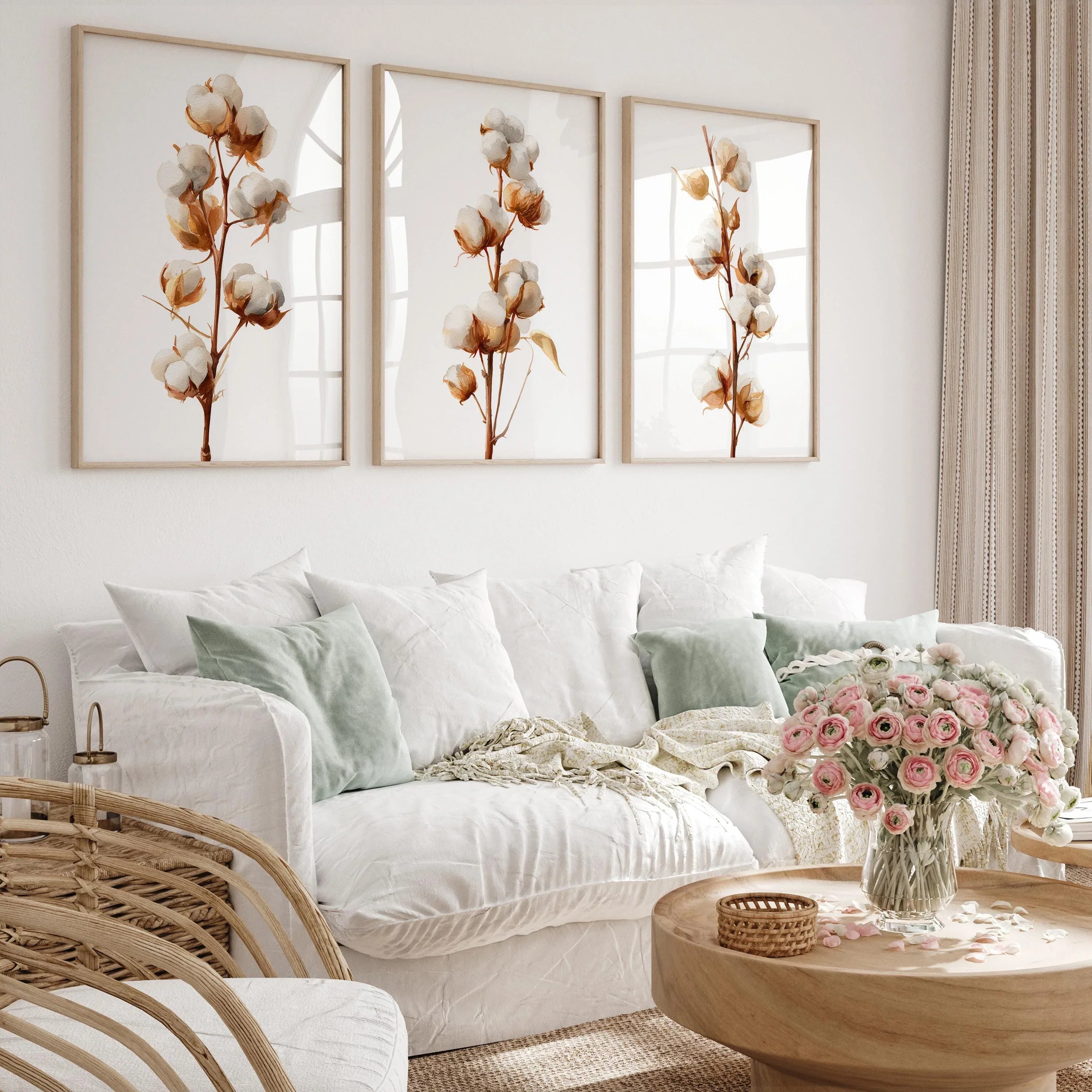 Cotton branch wall art set of 3 – beige botanical farmhouse cotton blossom