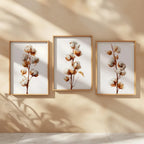 Cotton branch wall art set of 3 – beige botanical farmhouse cotton blossom