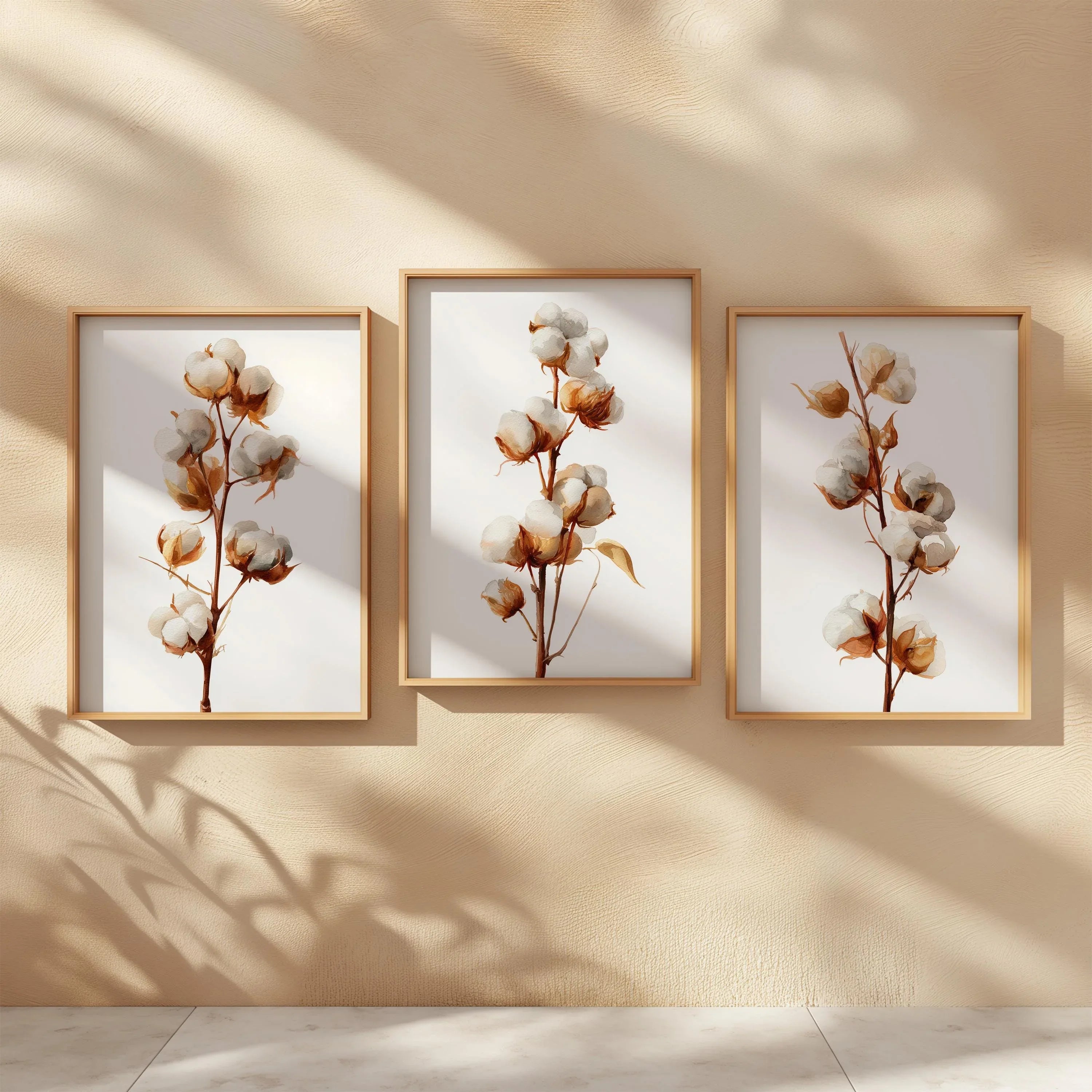 Cotton branch wall art set of 3 – beige botanical farmhouse cotton blossom
