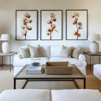 Cotton branch wall art set of 3 – beige botanical farmhouse cotton blossom