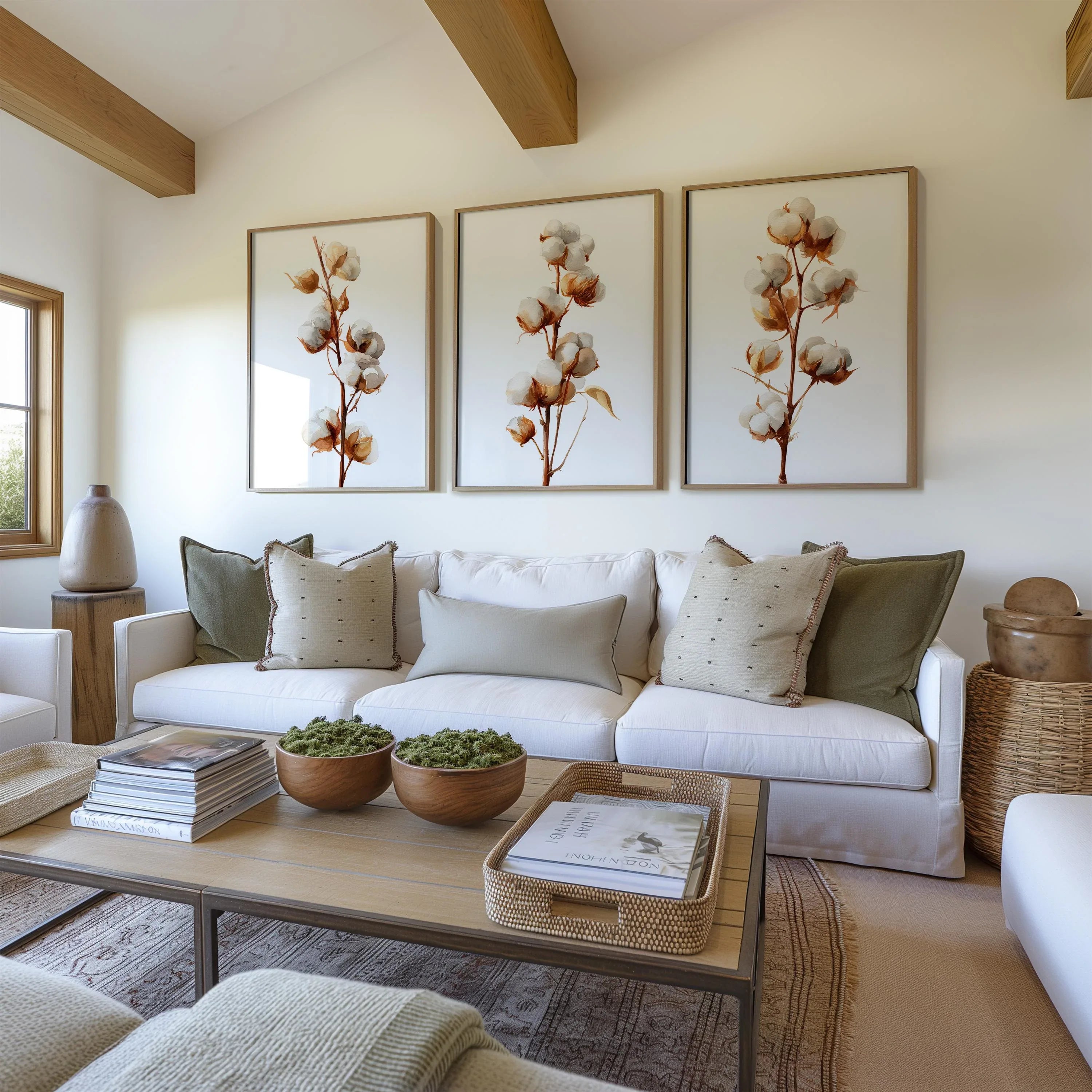 Cotton branch wall art set of 3 – beige botanical farmhouse cotton blossom