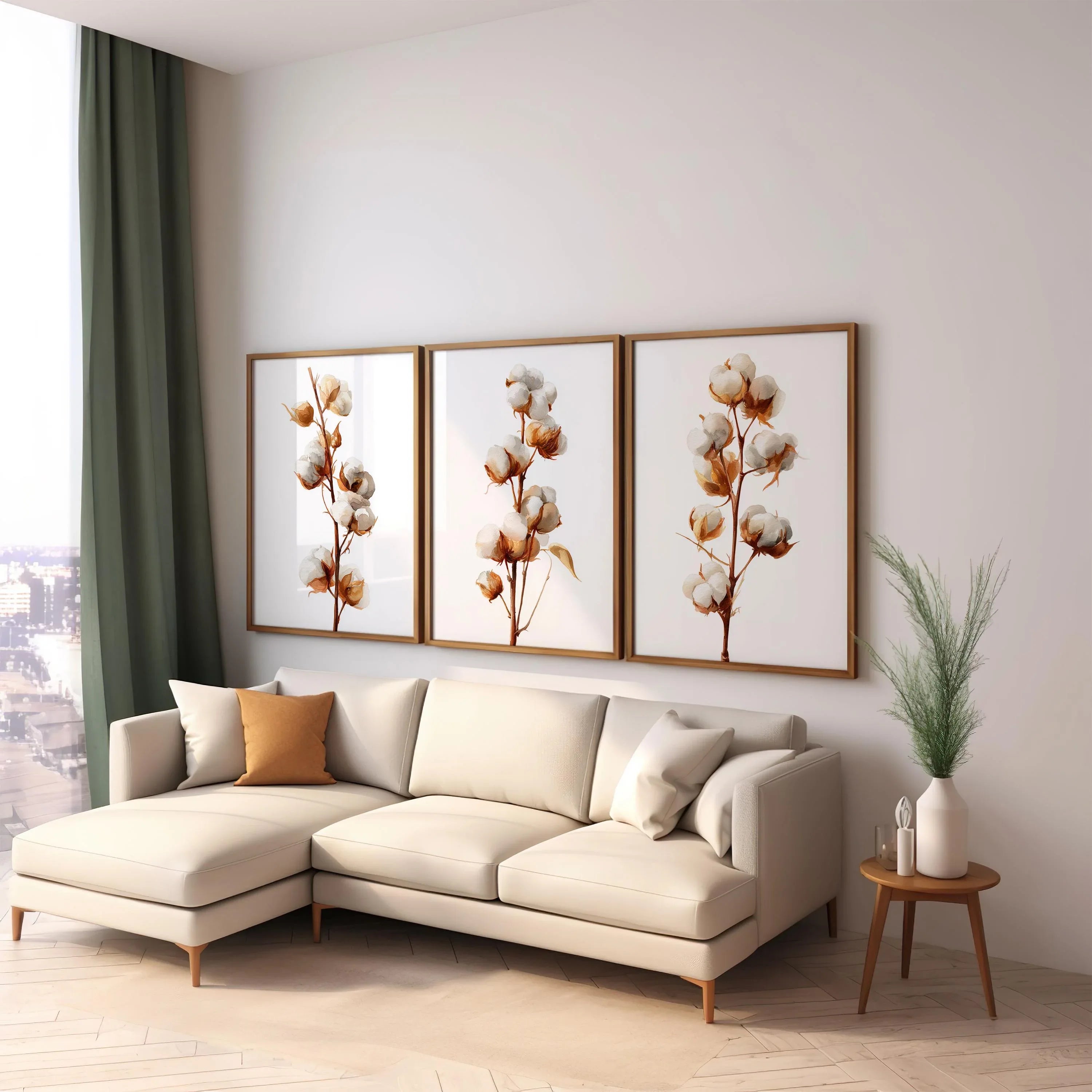 Cotton branch wall art set of 3 – beige botanical farmhouse cotton blossom