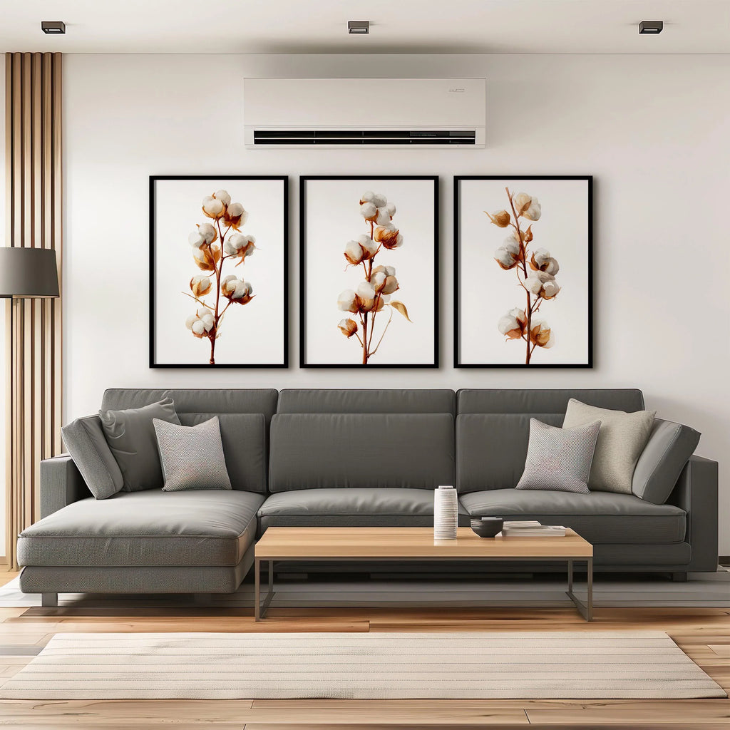 Cotton branch wall art set of 3 – beige botanical farmhouse cotton blossom