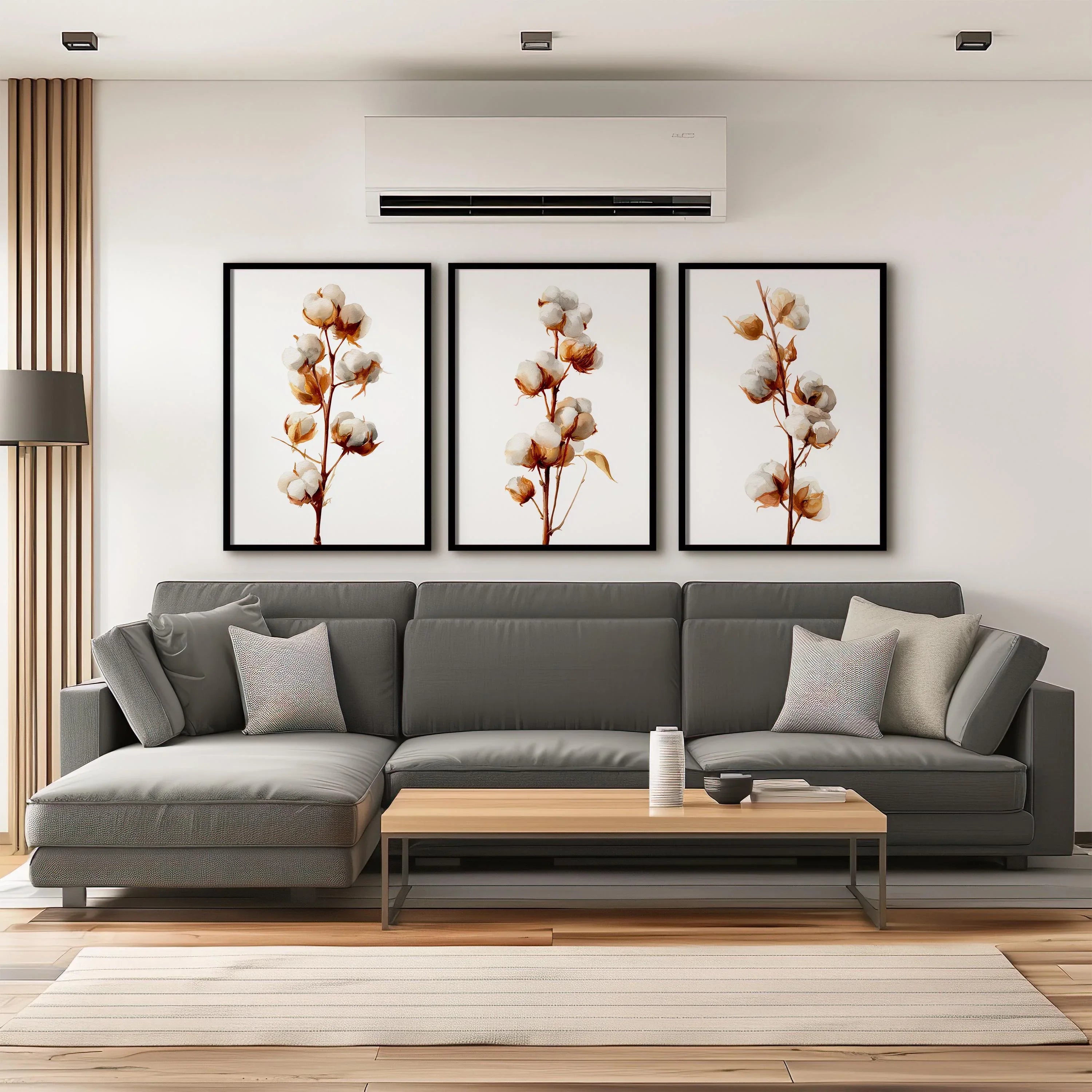 Cotton branch wall art set of 3 – beige botanical farmhouse cotton blossom