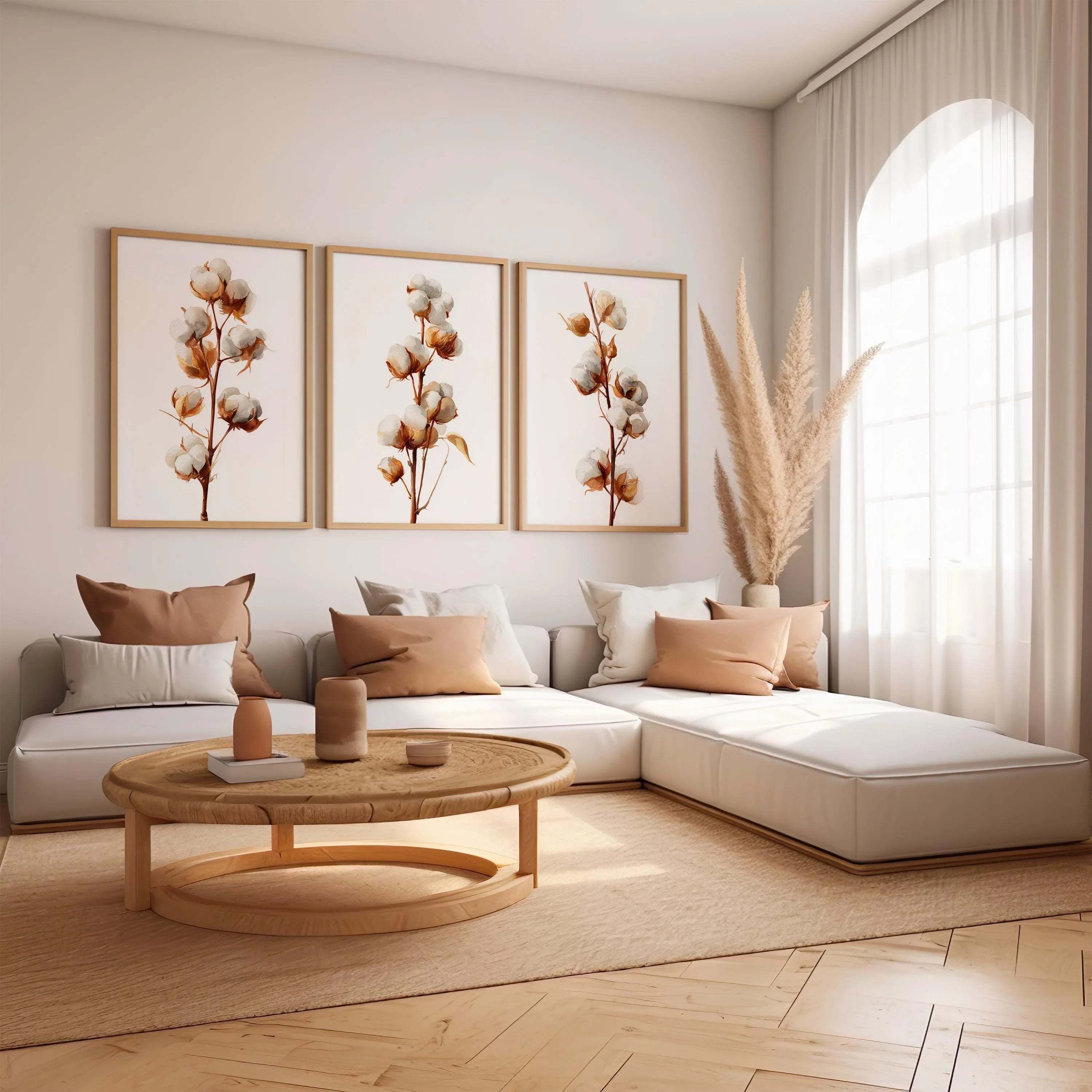 Cotton branch wall art set of 3 – beige botanical farmhouse cotton blossom