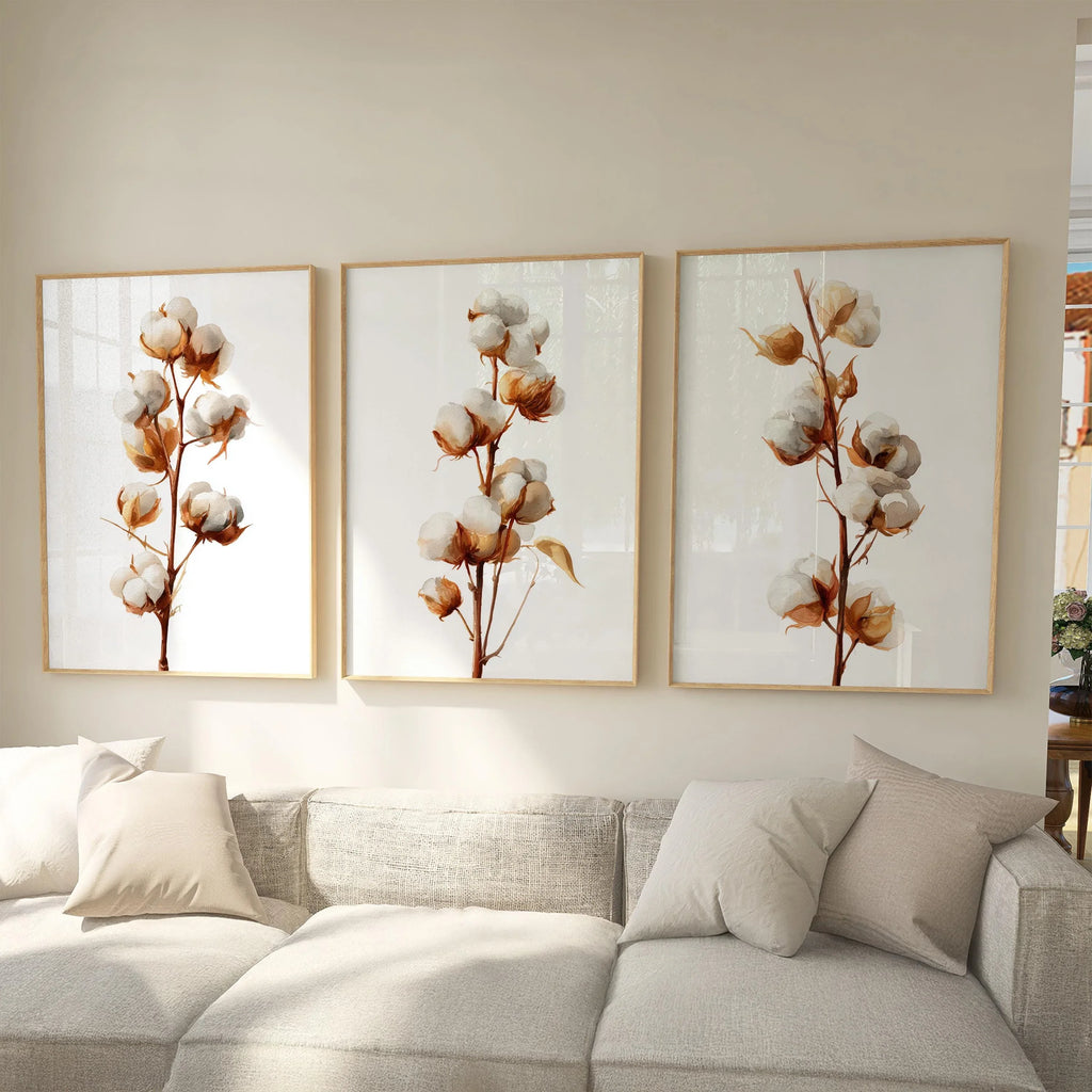 Cotton branch wall art set of 3 – beige botanical farmhouse cotton blossom