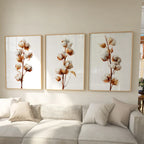 Cotton branch wall art set of 3 – beige botanical farmhouse cotton blossom