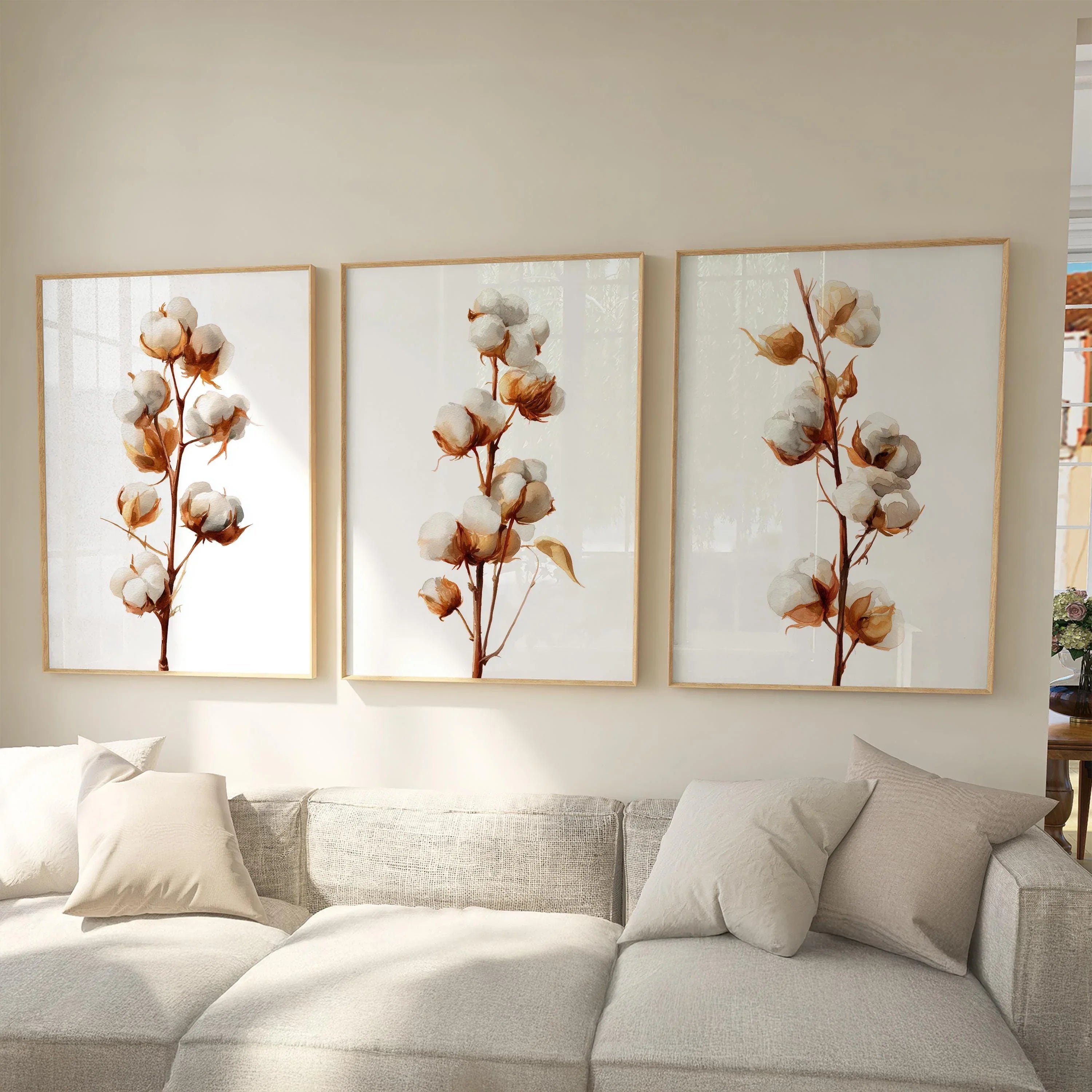 Cotton branch wall art set of 3 – beige botanical farmhouse cotton blossom
