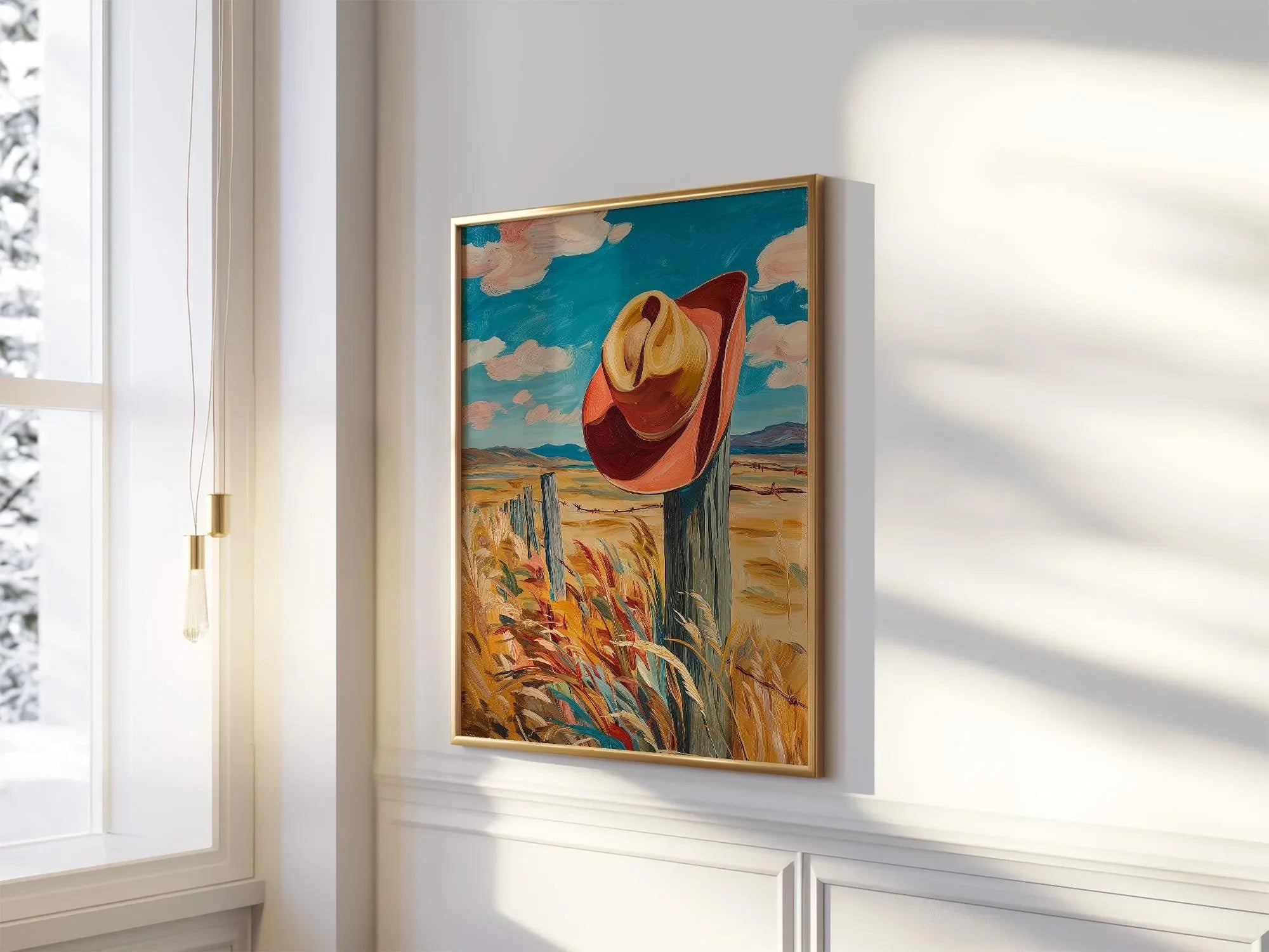 Cowboy hat oil painting wall art – rustic ranch fence Western landscape decor