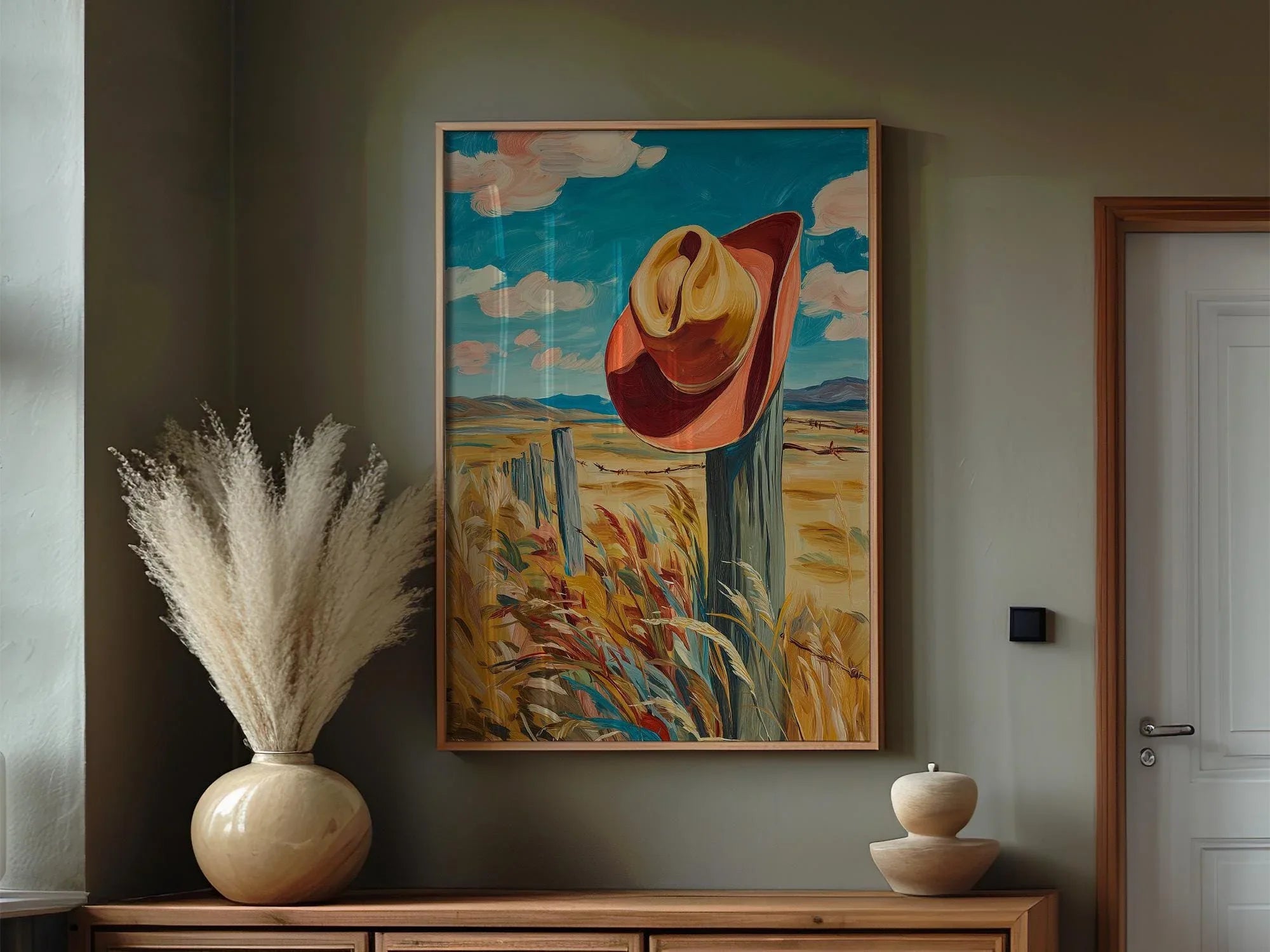 Cowboy hat oil painting wall art – rustic ranch fence Western landscape decor