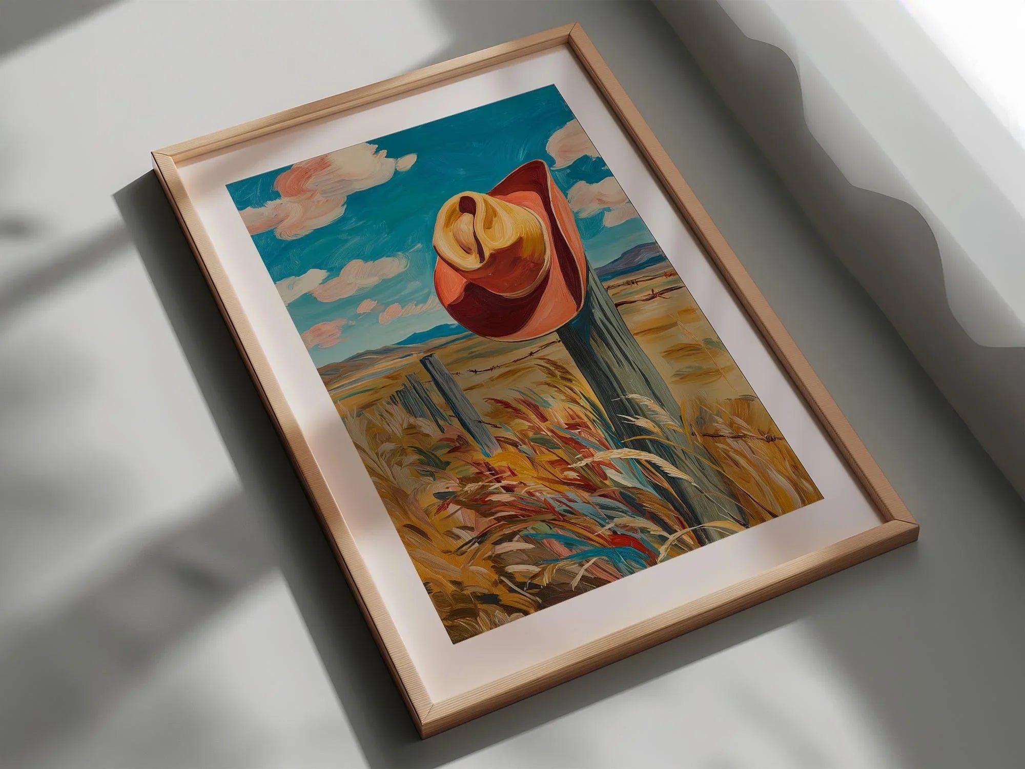 Cowboy hat oil painting wall art – rustic ranch fence Western landscape decor