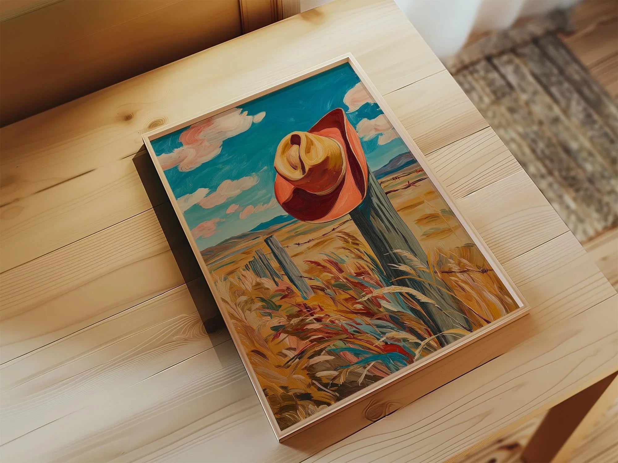 Cowboy hat oil painting wall art – rustic ranch fence Western landscape decor