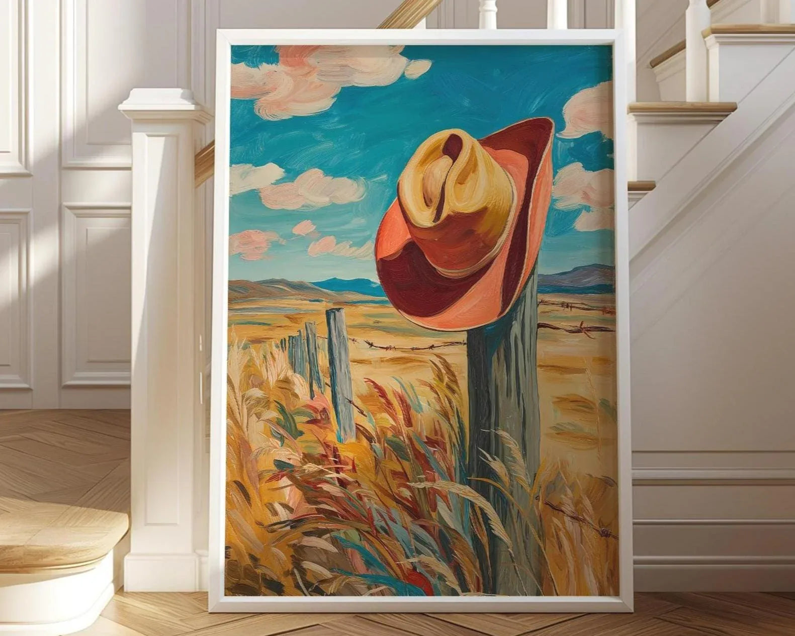 Cowboy hat oil painting wall art – rustic ranch fence Western landscape decor