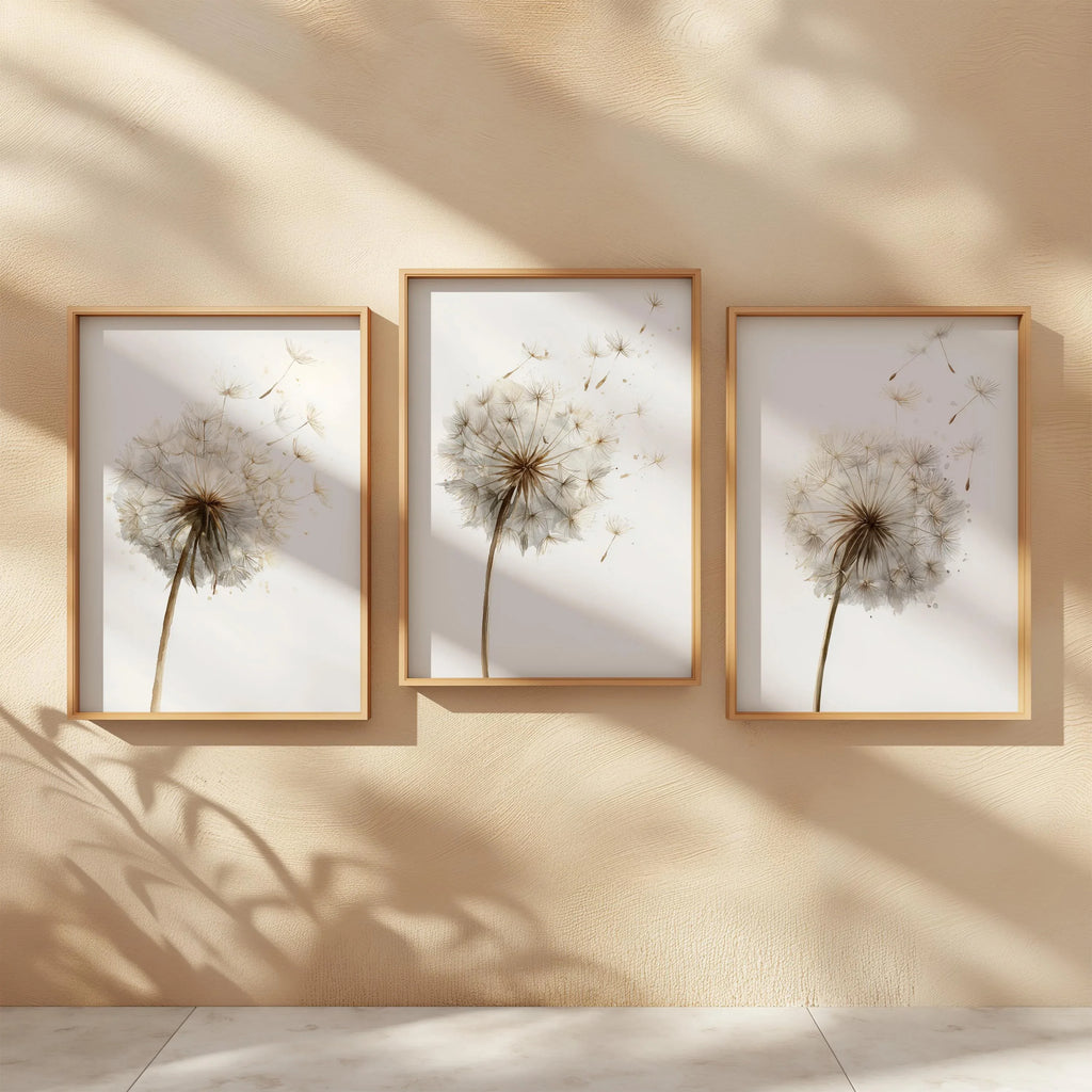 Dandelion seed head wall art set of 3 – beige botanical dandelion decor