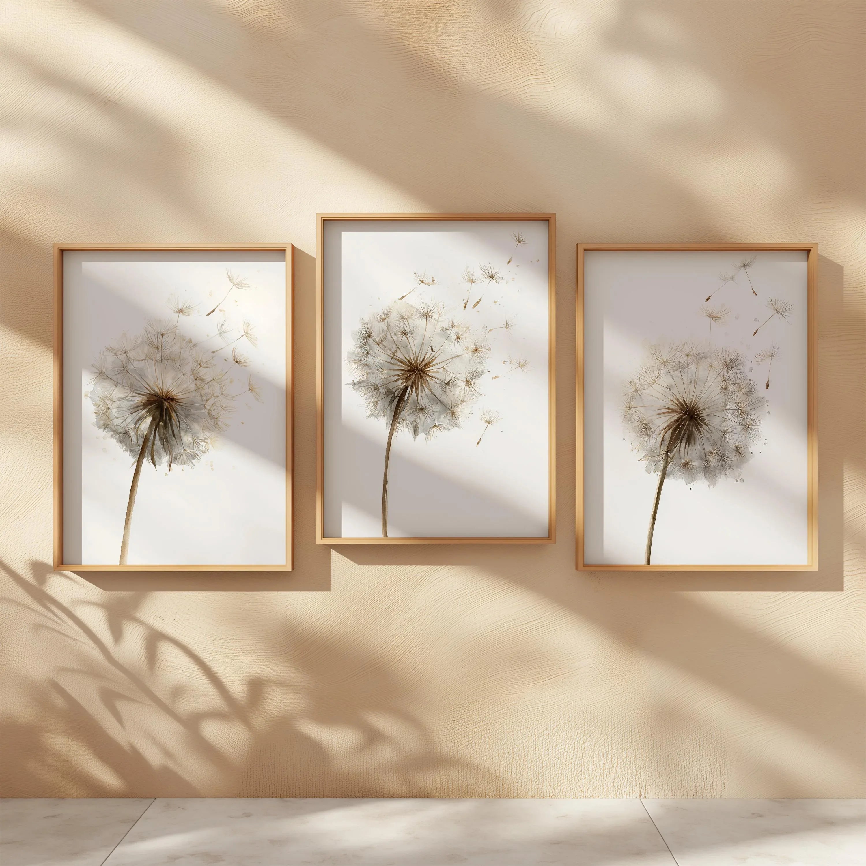 Dandelion seed head wall art set of 3 – beige botanical dandelion decor