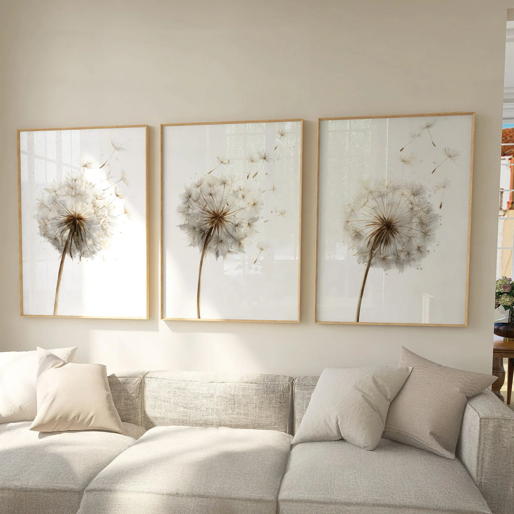 Dandelion seed head wall art set of 3 – beige botanical dandelion decor