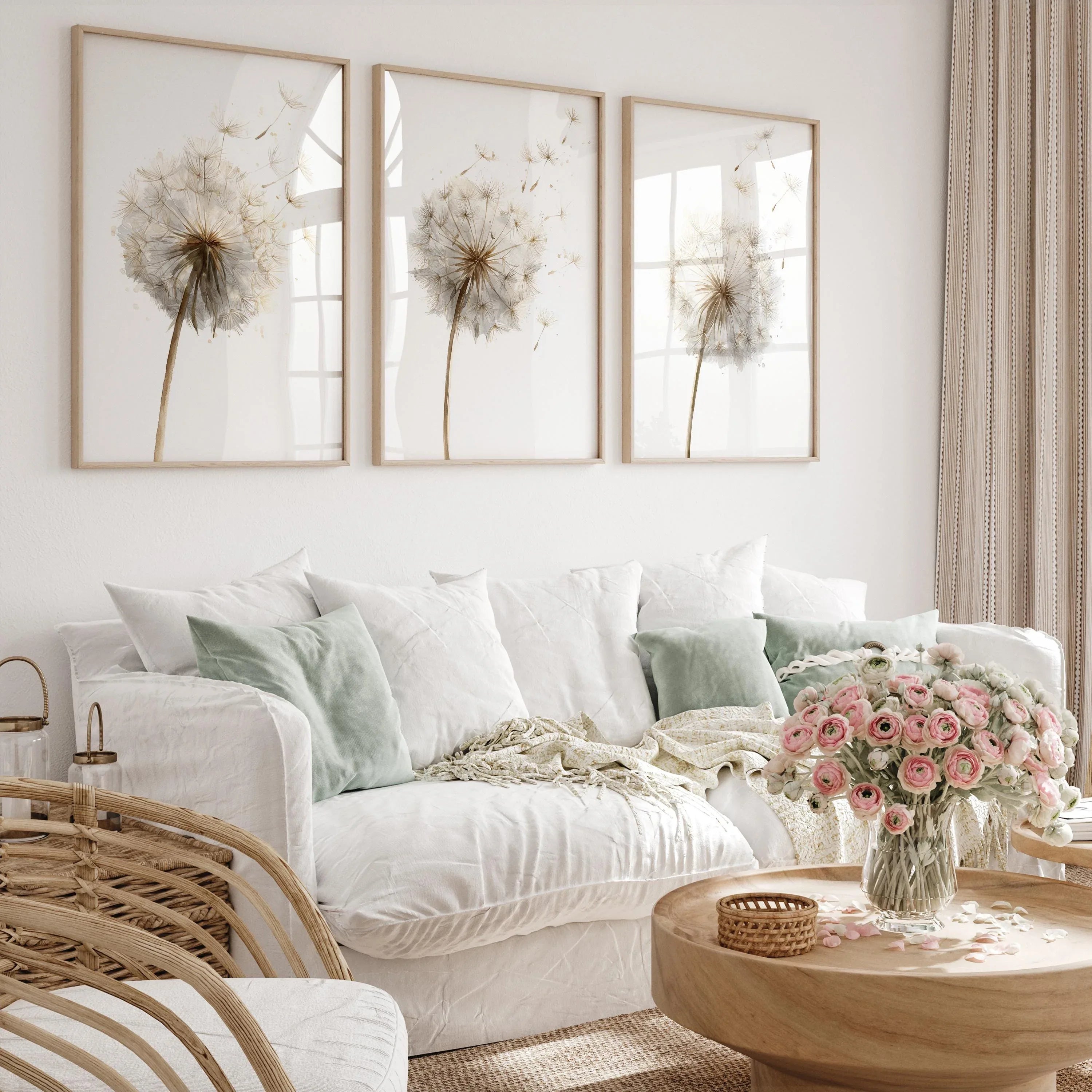 Dandelion seed head wall art set of 3 – beige botanical dandelion decor