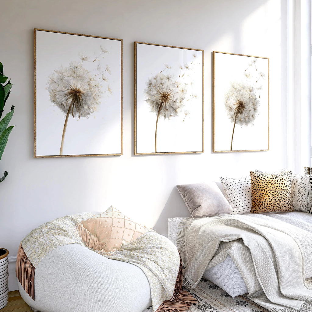 Dandelion seed head wall art set of 3 – beige botanical dandelion decor