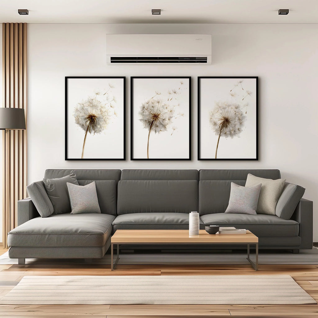 Dandelion seed head wall art set of 3 – beige botanical dandelion decor